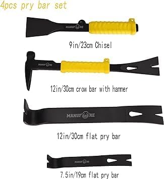 Profi Brecheisen Set 4-teiliges mit 12" und 7,5" flache Brechstange, 12" Nageleisen mit Hammer und Gummi-Softgriff, 9" Meißel