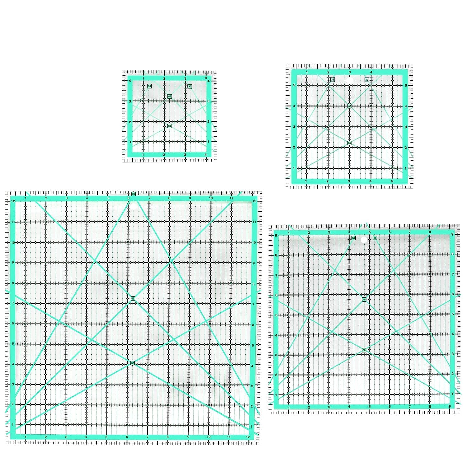 4 Stück Patchwork Lineal(4.5"/6"/9.5"/12.5"),Quilt-Lineal Nähen lineal, Schneiderlineal Quilten mit Zöllige Skala und Winkelanzeige Schneider Lineal zum Quilten und Nähen…